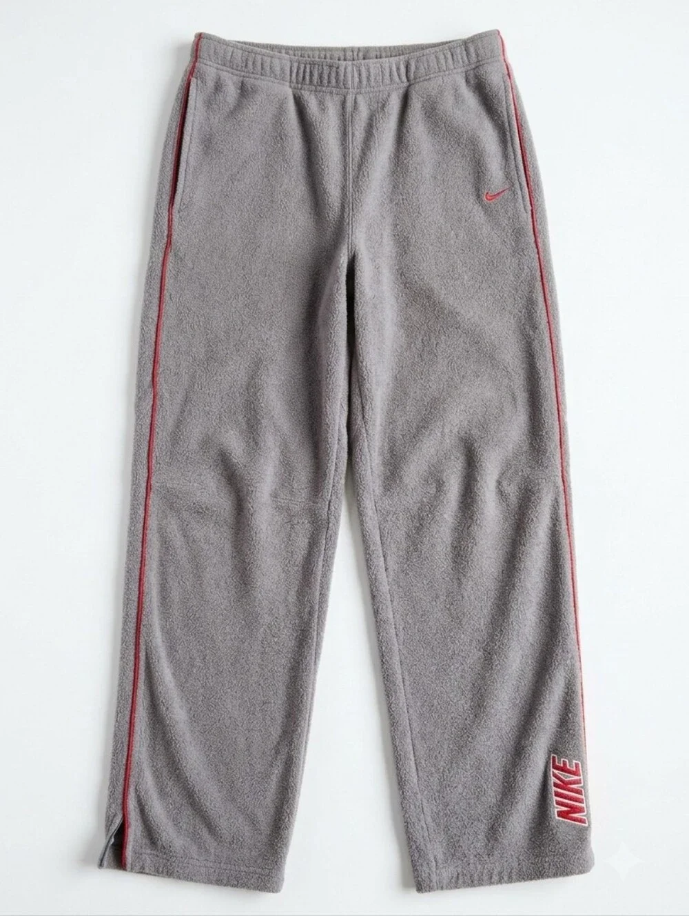 Vintage Nike Heather Grey Fleece Track Pants Red Trim Zip Ankle Small Y2K
